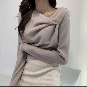 Korean Asymmetrical Tan Knotted Sweater